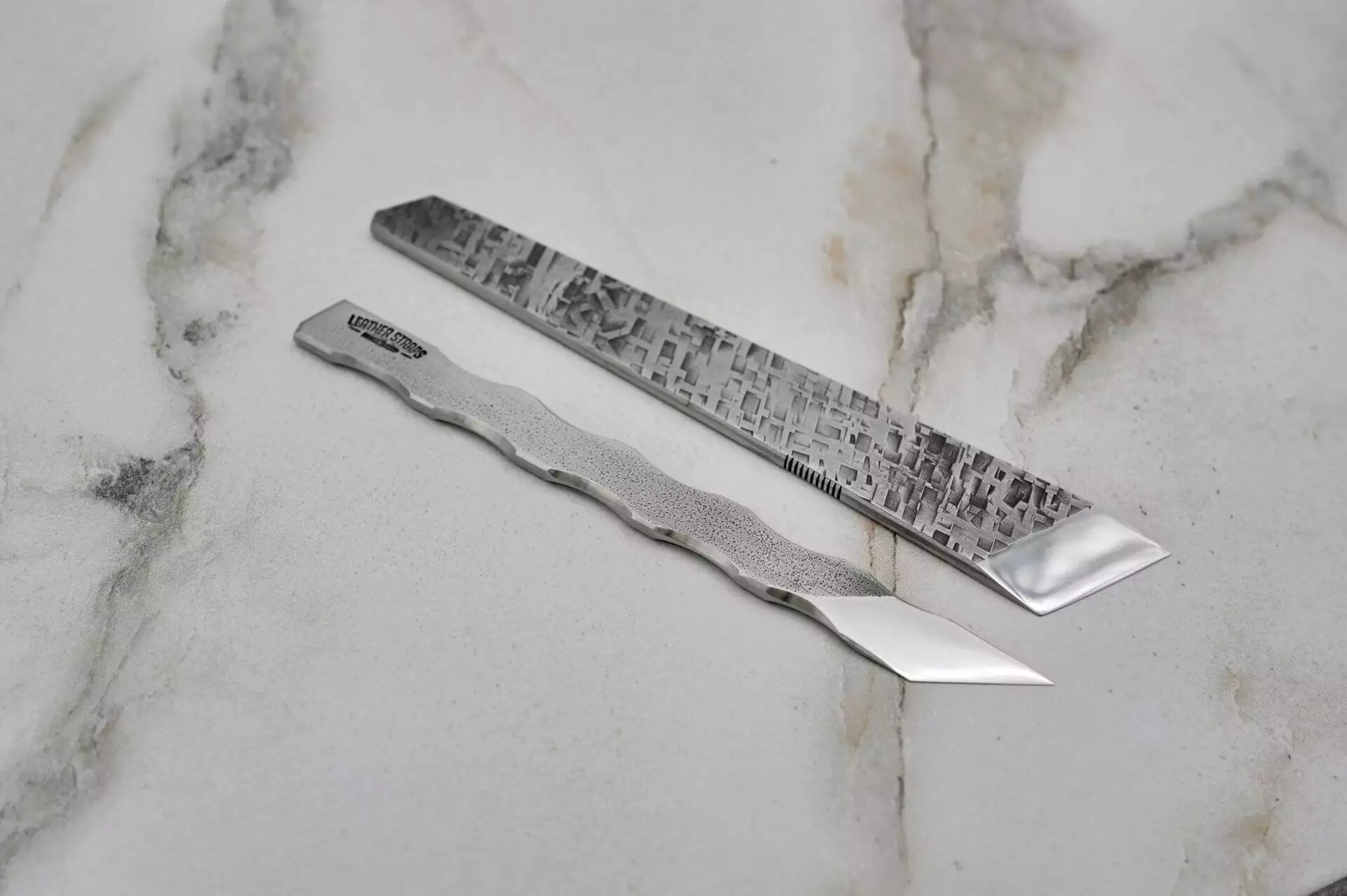 2 Piece Leatherstraps Combo, Classic Forged Skiving Knife, Mystery Scalpel Set, marble surface