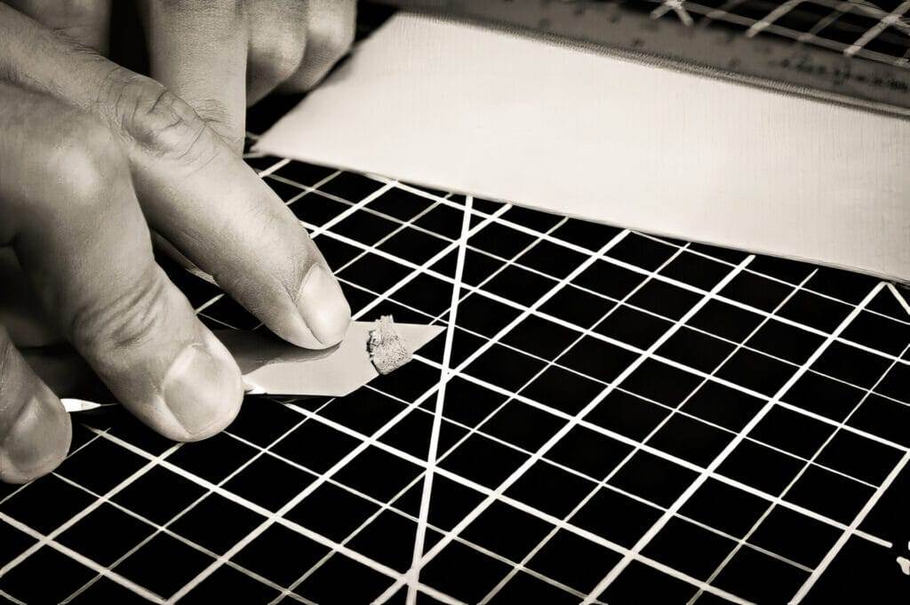 A person cutting a piece of paper on a grid using precision or crafting tool.