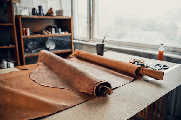 Leather rolls spread on a work table in a workshop, surrounded by shelves filled with tools and materials, reflecting the art of leathercraft. Each tool is meticulously maintained to ensure precision and care in every handcrafted piece.