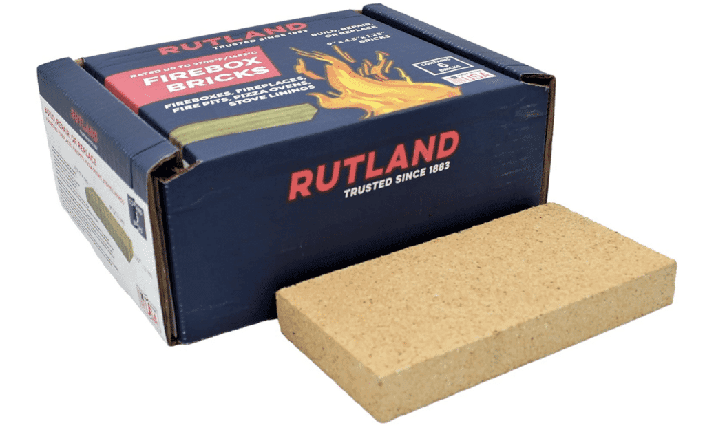 A box of Rutland firebox bricks, essential tools for any fireplace or kiln enthusiast, with a single brick showcased in front. The packaging features a flame design and highlights their exceptional heat resistance for safe use in high-temperature environments.