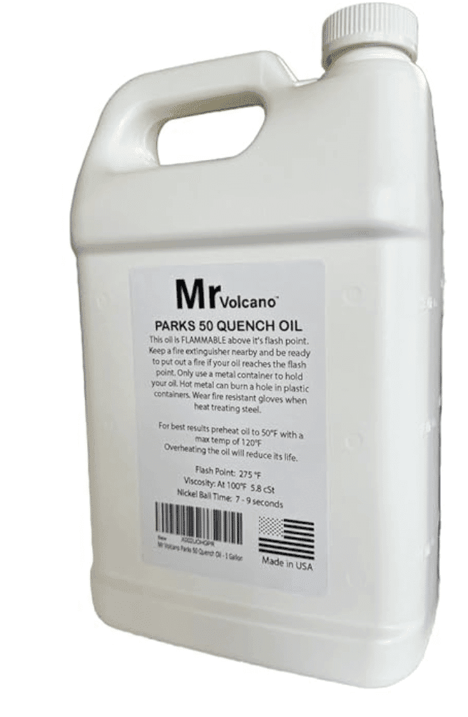 White container labeled "Mr. Volcano PARKS 50 QUENCH OIL." Includes warning about flammability and usage instructions. Made in USA, 1 gallon.