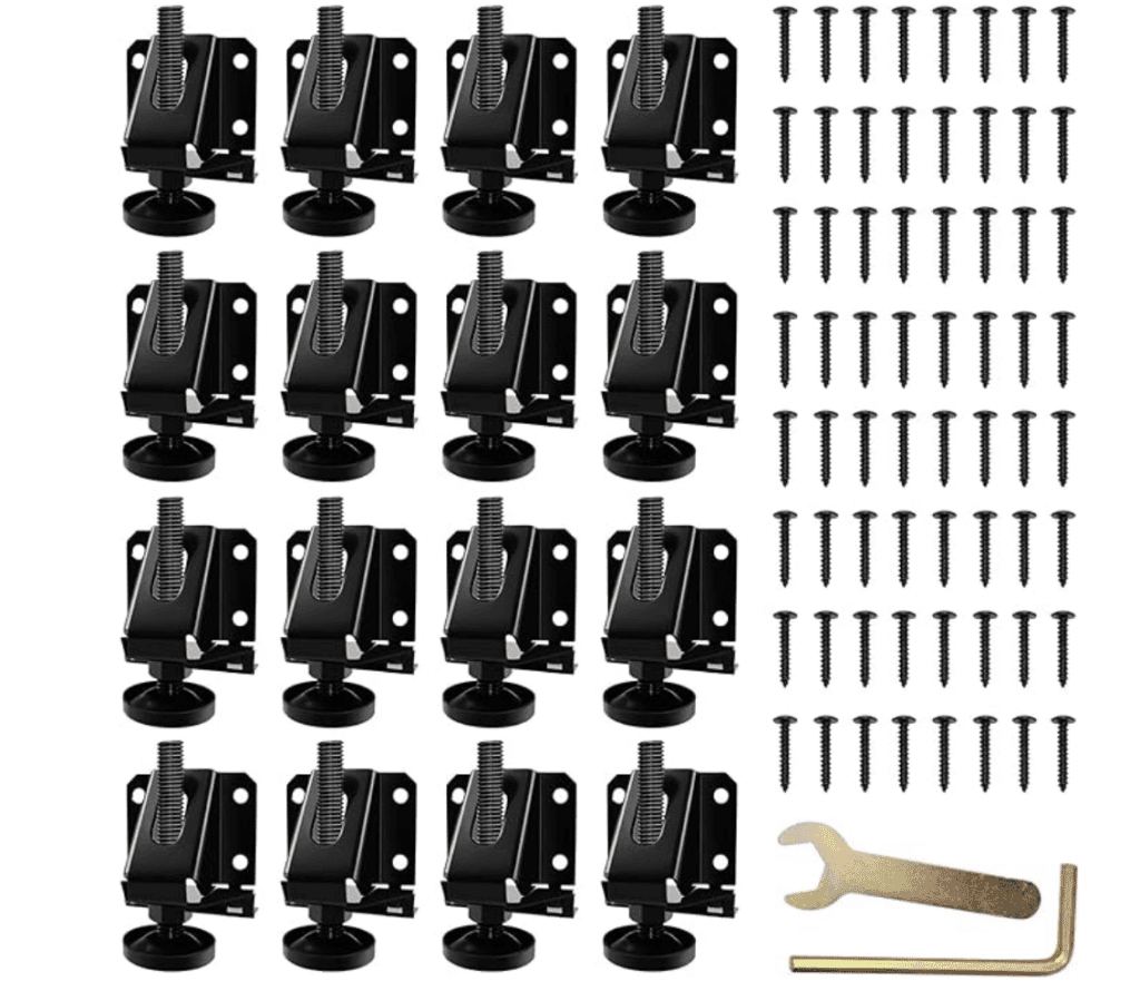 A collection of black adjustable furniture levelers, screws organized in rows, and an included wrench displayed on a white background.