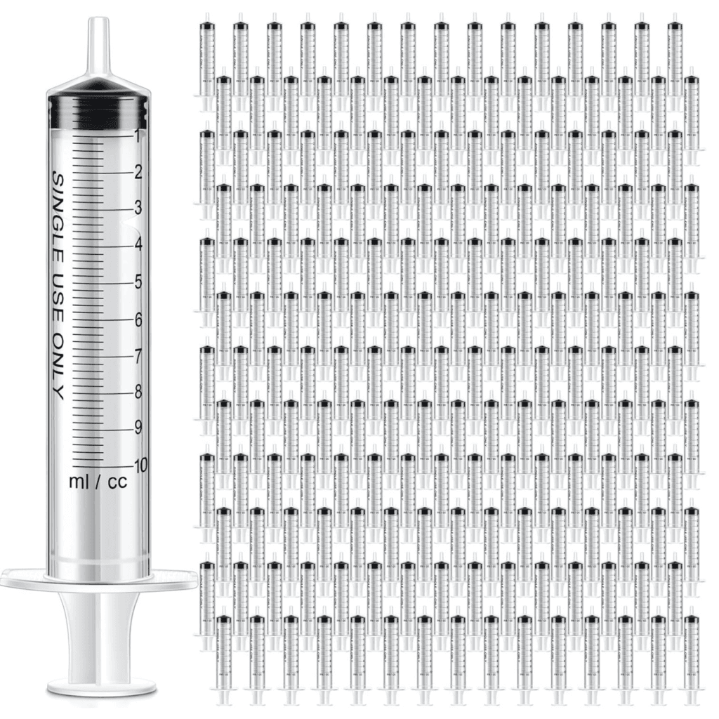 An enlarged syringe labeled "Single Use Only" is next to a grid of many smaller identical syringes, all marked with volume measurements in milliliters.