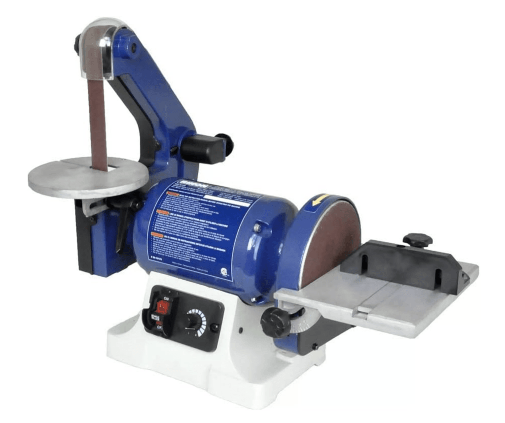 A blue and white benchtop belt and disc sander with a circular work table and a horizontal adjustable platform.