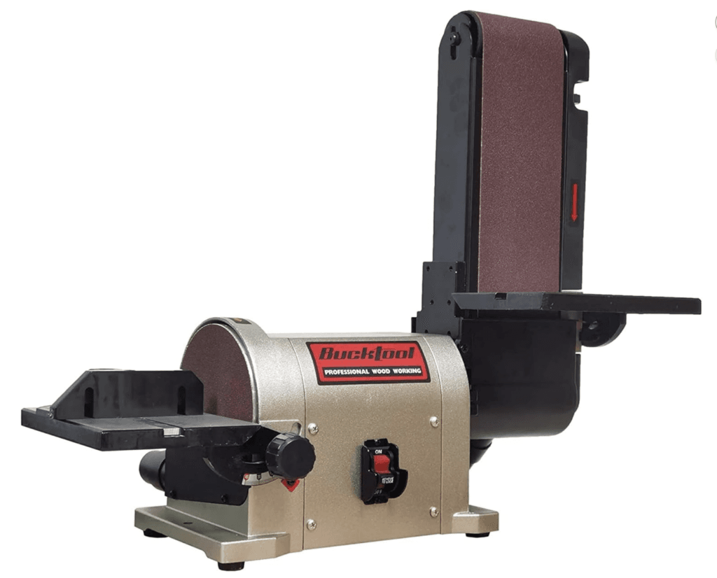 A belt and disc sander with a silver base and red label, featuring an adjustable belt and flat disc for woodworking applications.